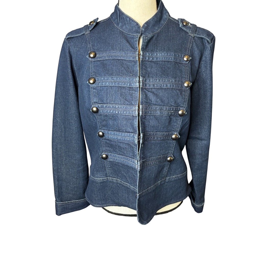 Baccini Womens Dark Wash Denim Military Band Jacket Mock Neck Epaulettes Size L